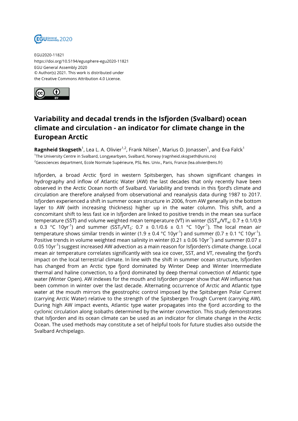 Variability and Decadal Trends in the Isfjorden (Svalbard) Ocean Climate and Circulation - an Indicator for Climate Change in the European Arctic