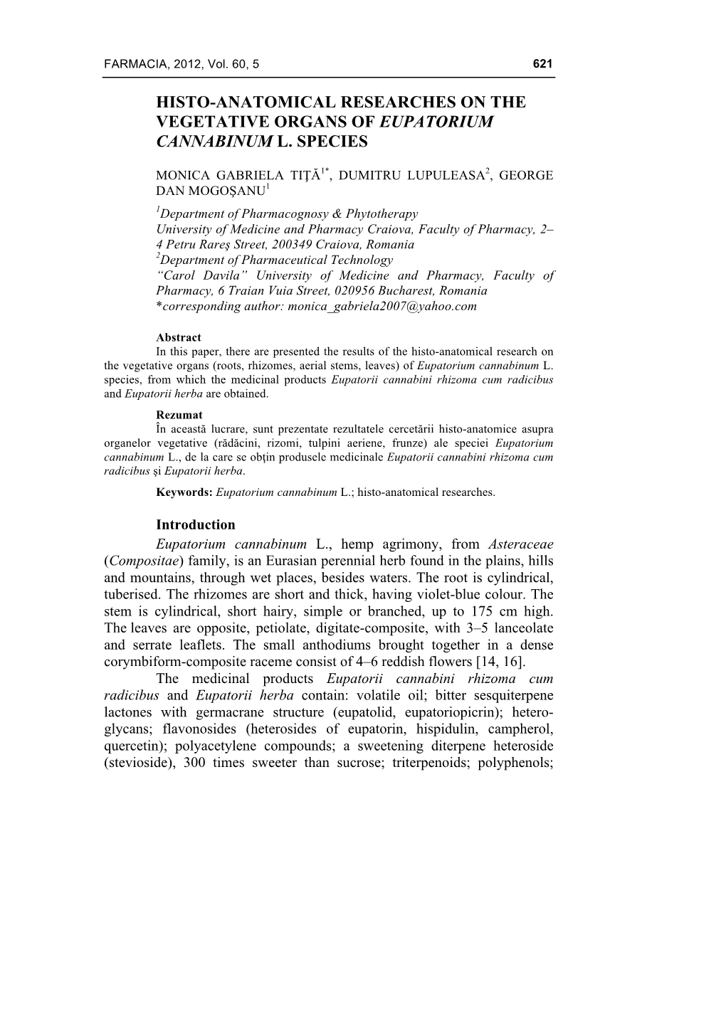 Histo-Anatomical Researches on the Vegetative Organs of Eupatorium Cannabinum L