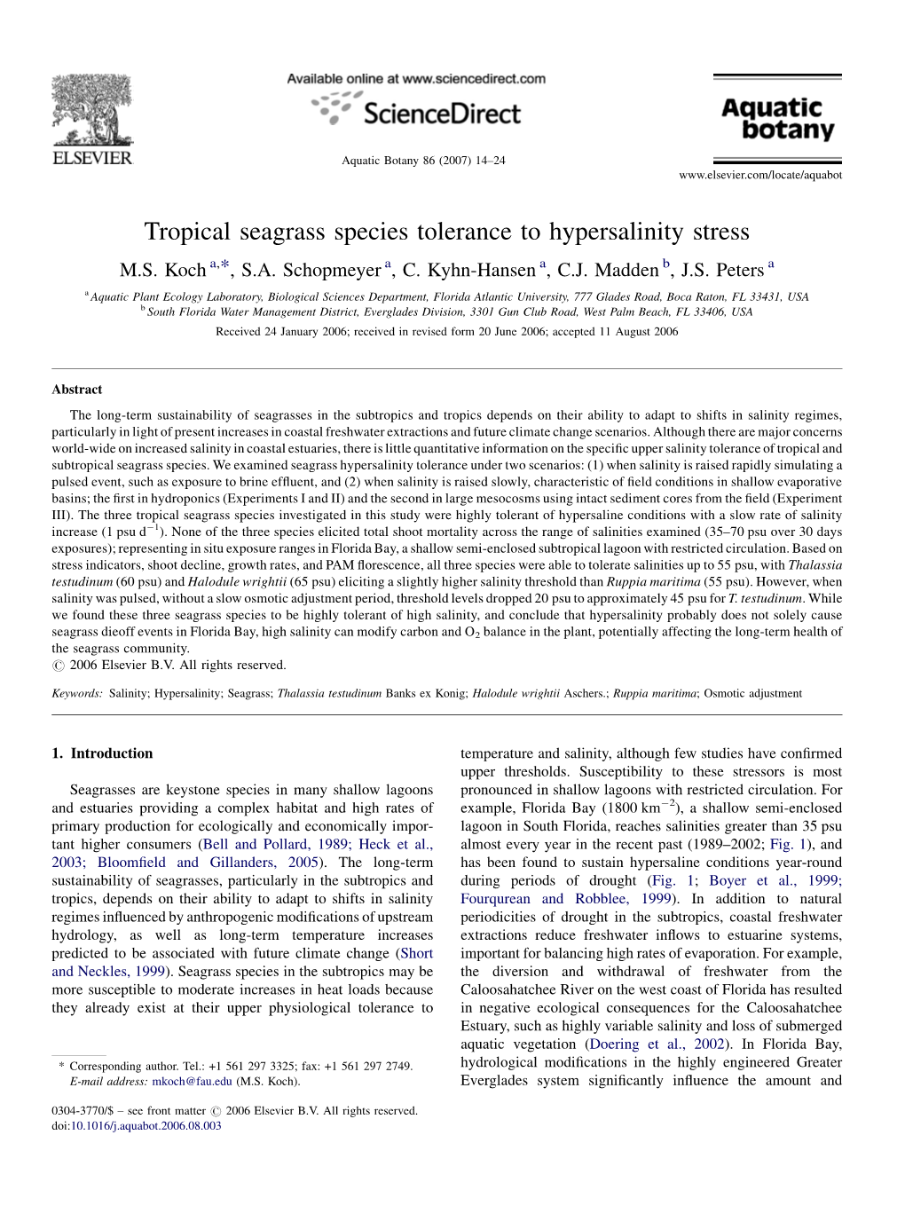 Tropical Seagrass Species Tolerance to Hypersalinity Stress M.S