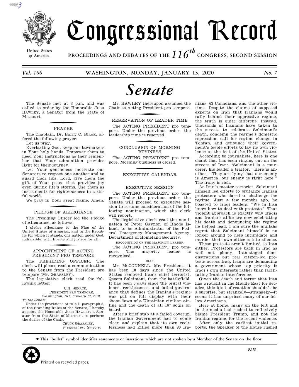 Congressional Record United States Th of America PROCEEDINGS and DEBATES of the 116 CONGRESS, SECOND SESSION