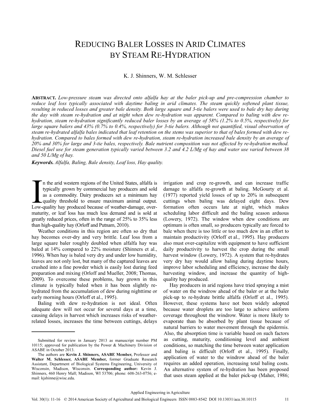 Reducing Baler Losses in Arid Climates by Steam Re-Hydration