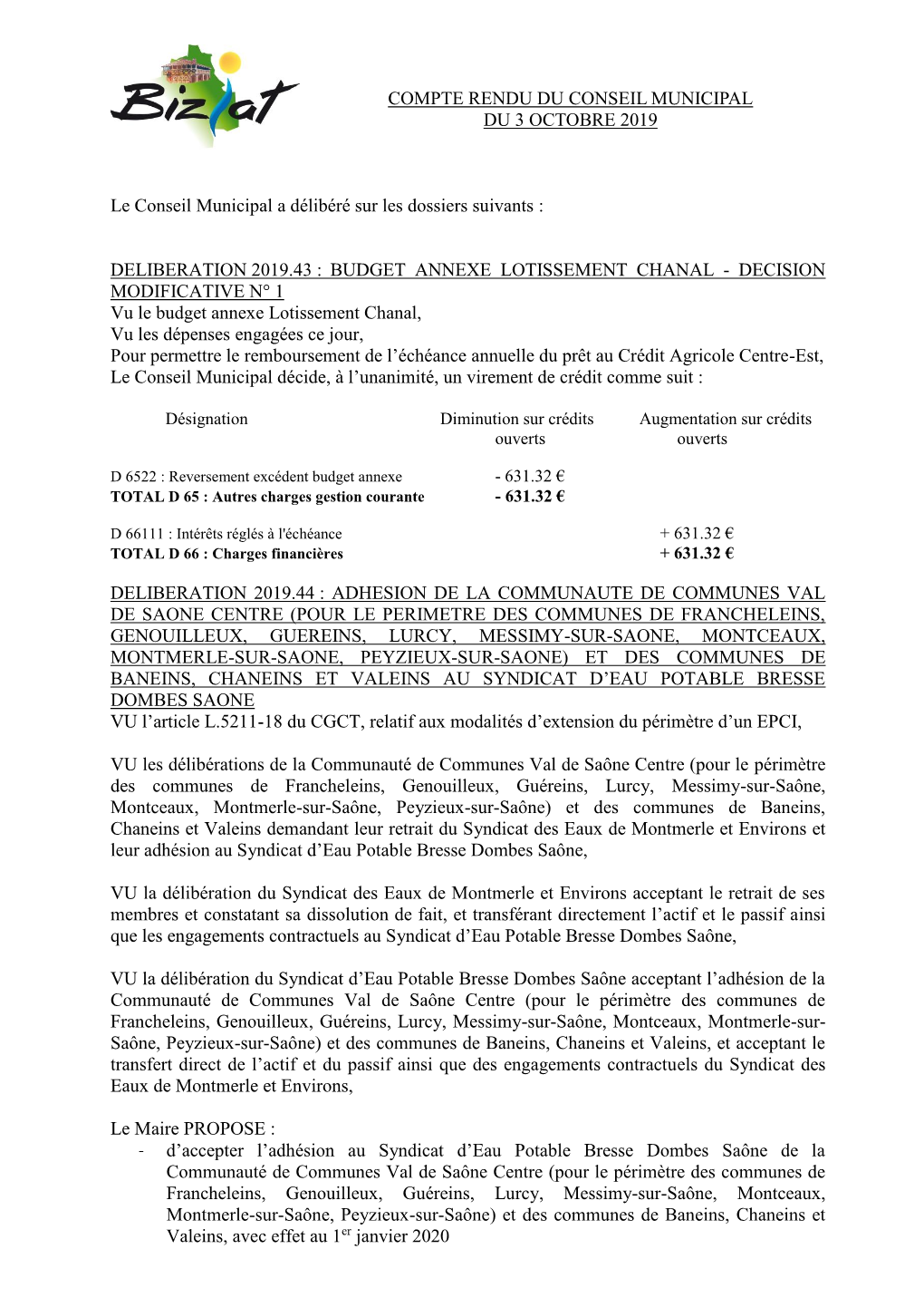 Compte Rendu Du Conseil Municipal Du 3 Octobre 2019