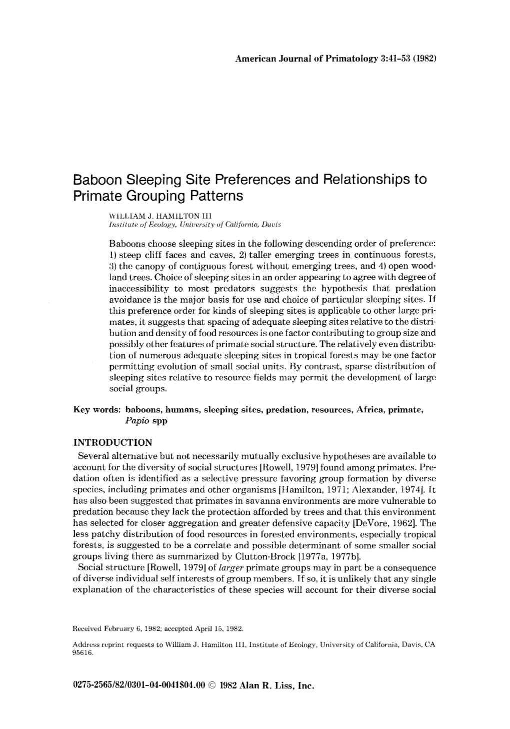 Baboon Sleeping Site Preferences and Relationships to Primate Grouping Patterns