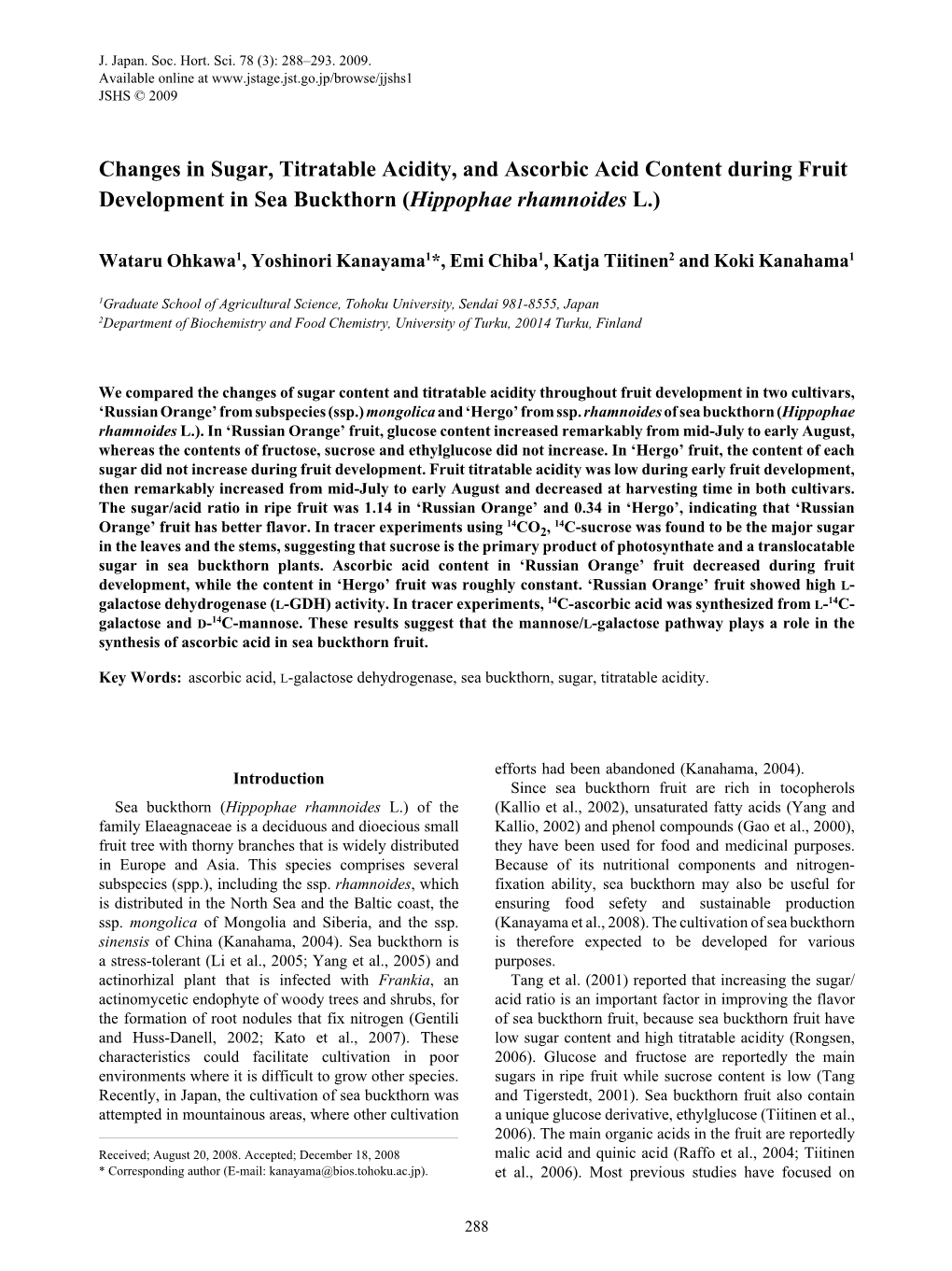 Changes in Sugar, Titratable Acidity, and Ascorbic Acid Content During Fruit Development in Sea Buckthorn (Hippophae Rhamnoides L.)