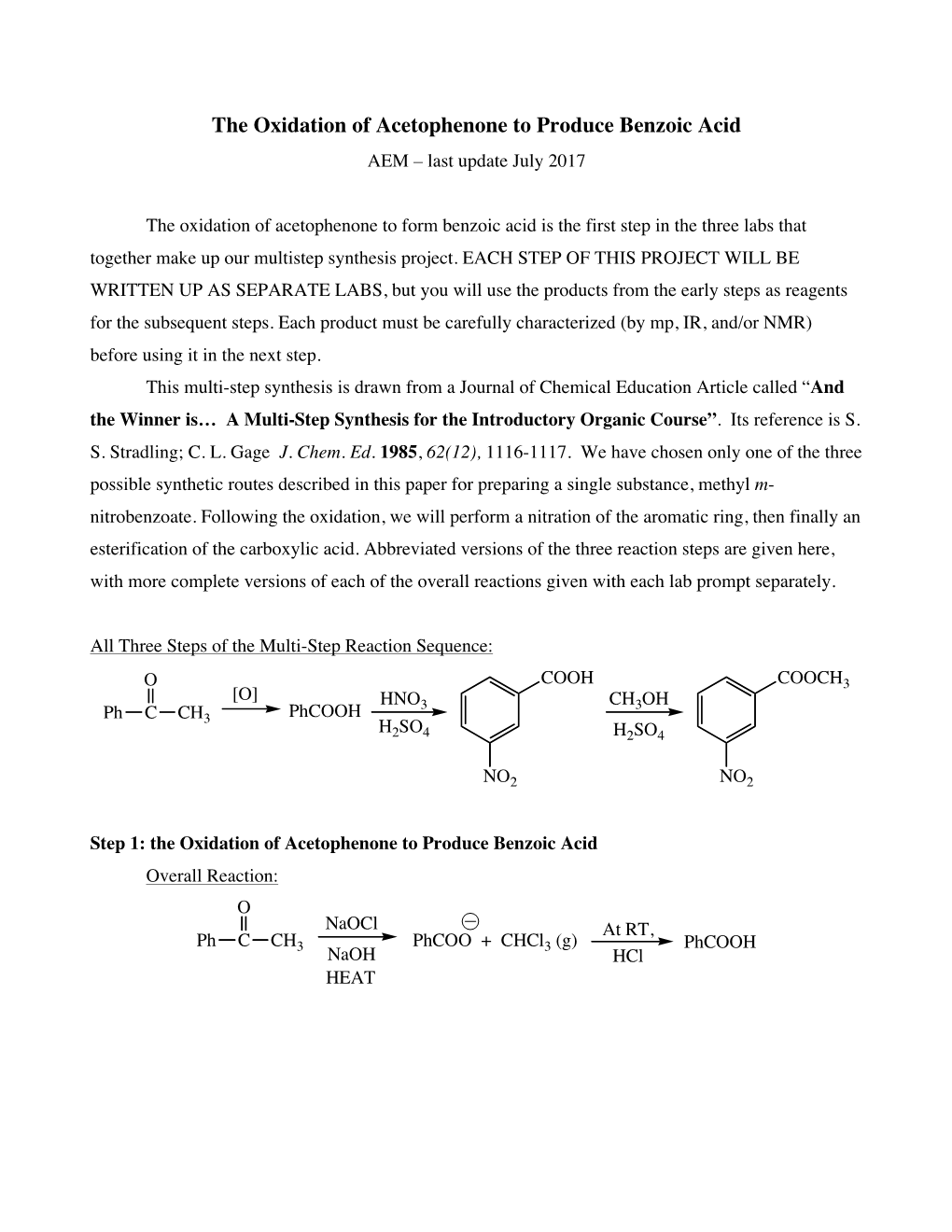 The Oxidation of Acetophenone to Produce Benzoic Acid AEM – Last Update July 2017