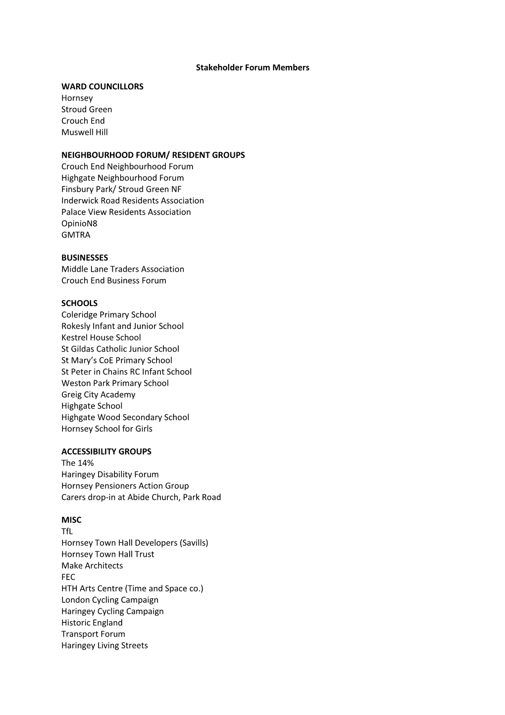 Stakeholder Forum Members WARD COUNCILLORS Hornsey Stroud