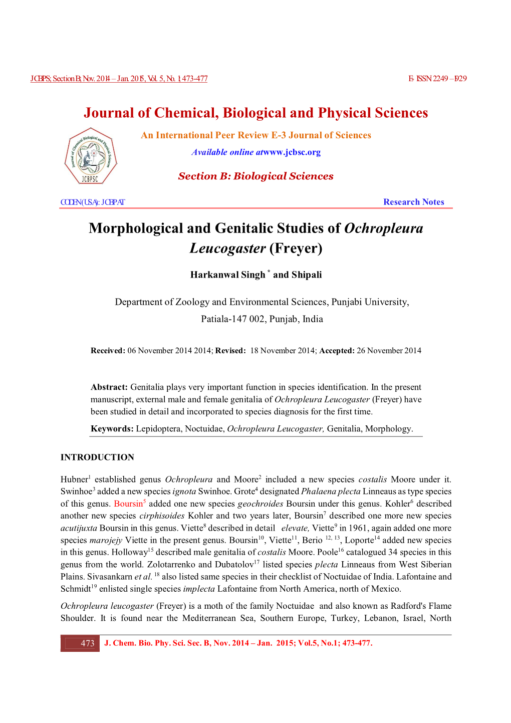 Morphological and Genitalic Studies of Ochropleura Leucogaster (Freyer)