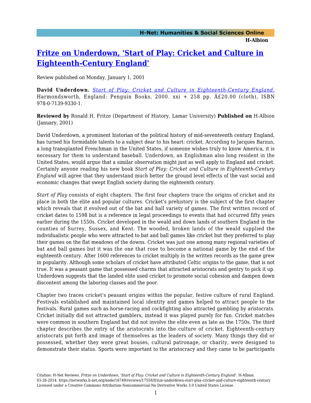 Of Play: Cricket and Culture in Eighteenth-Century England'