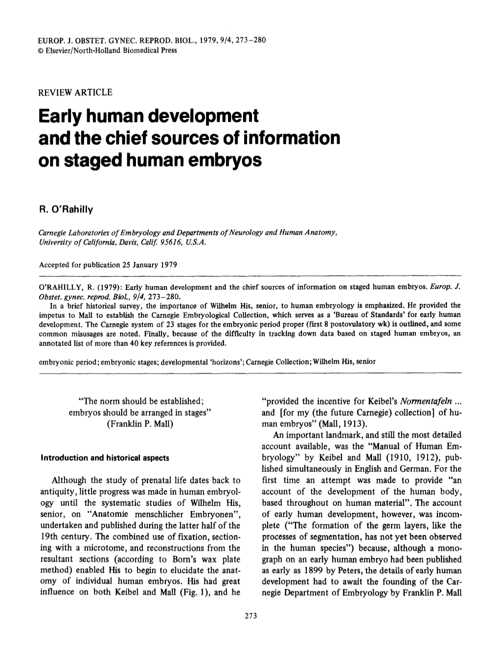 Early Human Development and the Chief Sources of Information on Staged Human Embryos