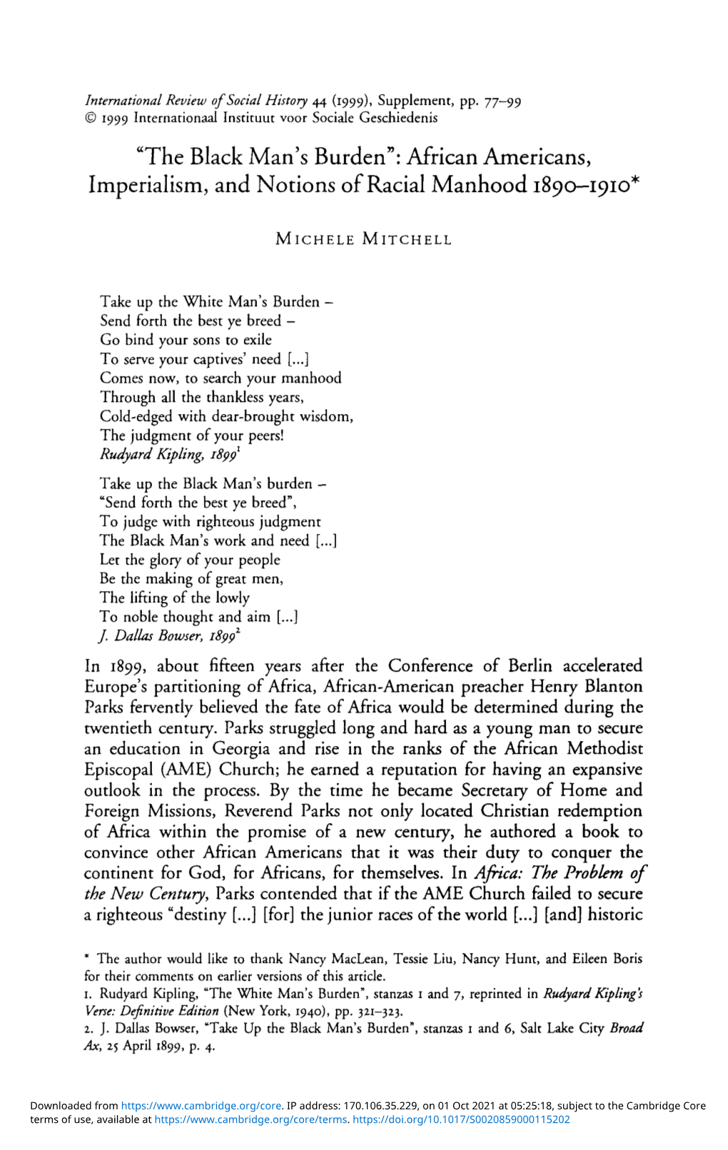 African Americans, Imperialism, and Notions of Racial Manhood 1890-1910"