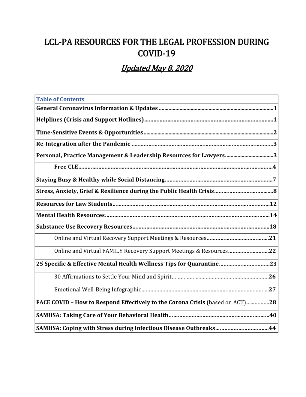 LCL-PA RESOURCES for the LEGAL PROFESSION DURING COVID-19 Updated May 8, 2020