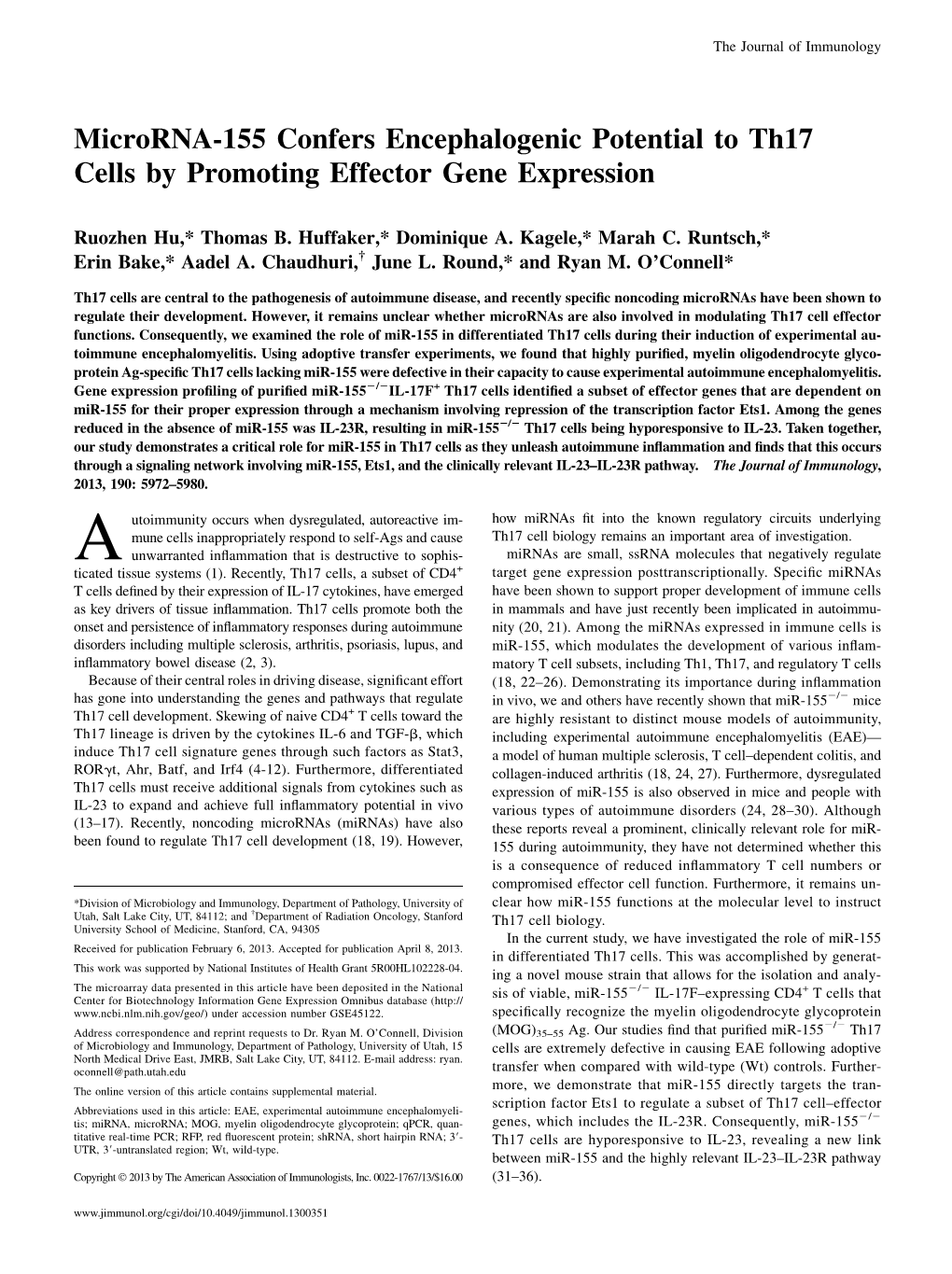 Effector Gene Expression Potential to Th17 Cells by Promoting Microrna