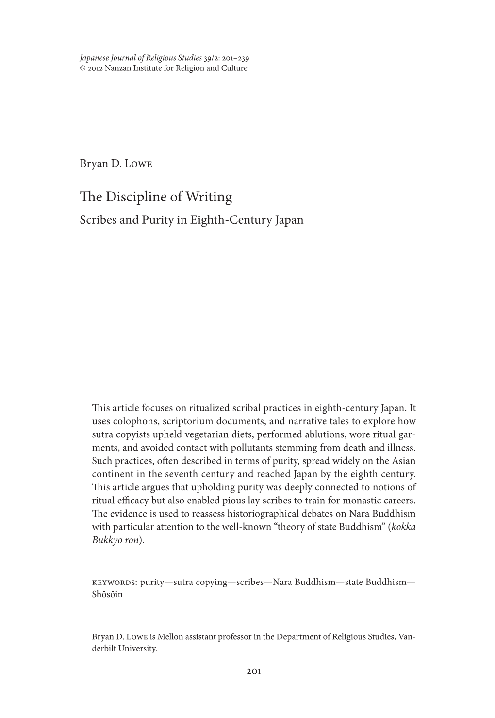 The Discipline of Writing Scribes and Purity in Eighth-Century Japan