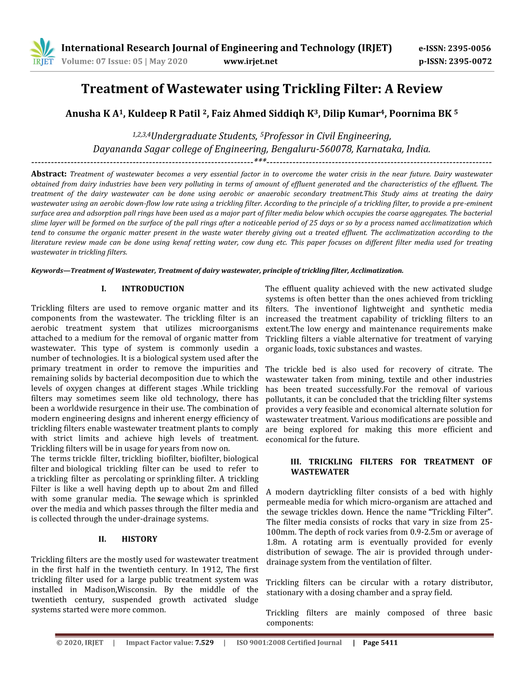 Treatment of Wastewater Using Trickling Filter: a Review