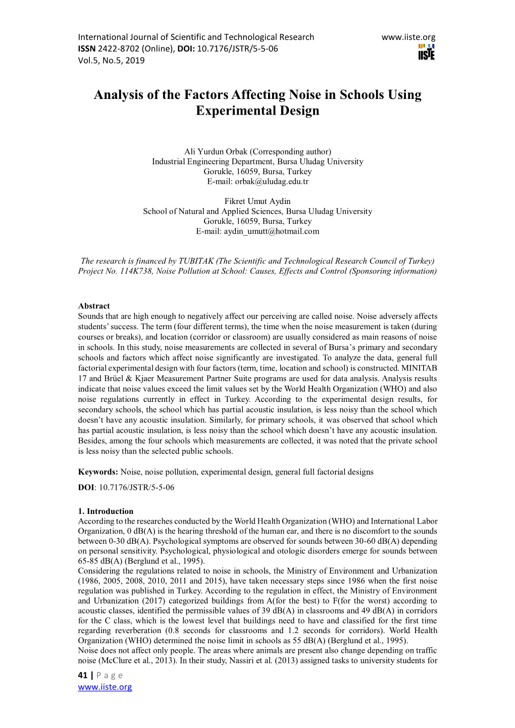 Analysis of the Factors Affecting Noise in Schools Using Experimental Design