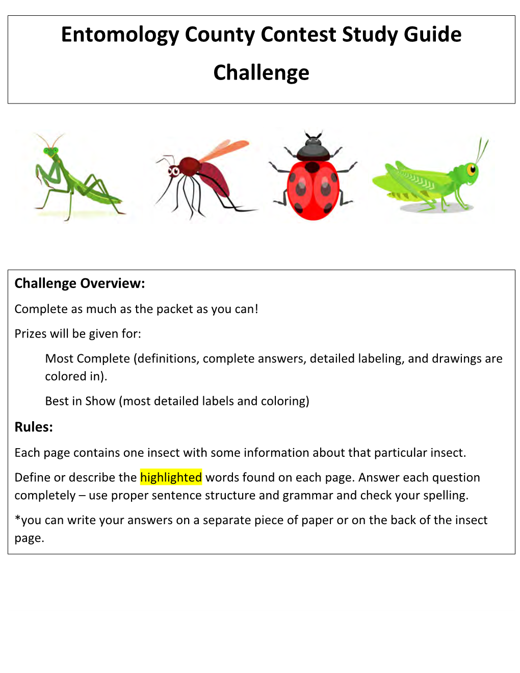 Entomology County Contest Study Guide Challenge