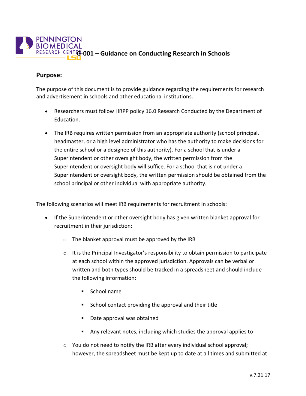 G-001 Guidance on Conducting Research in Schools