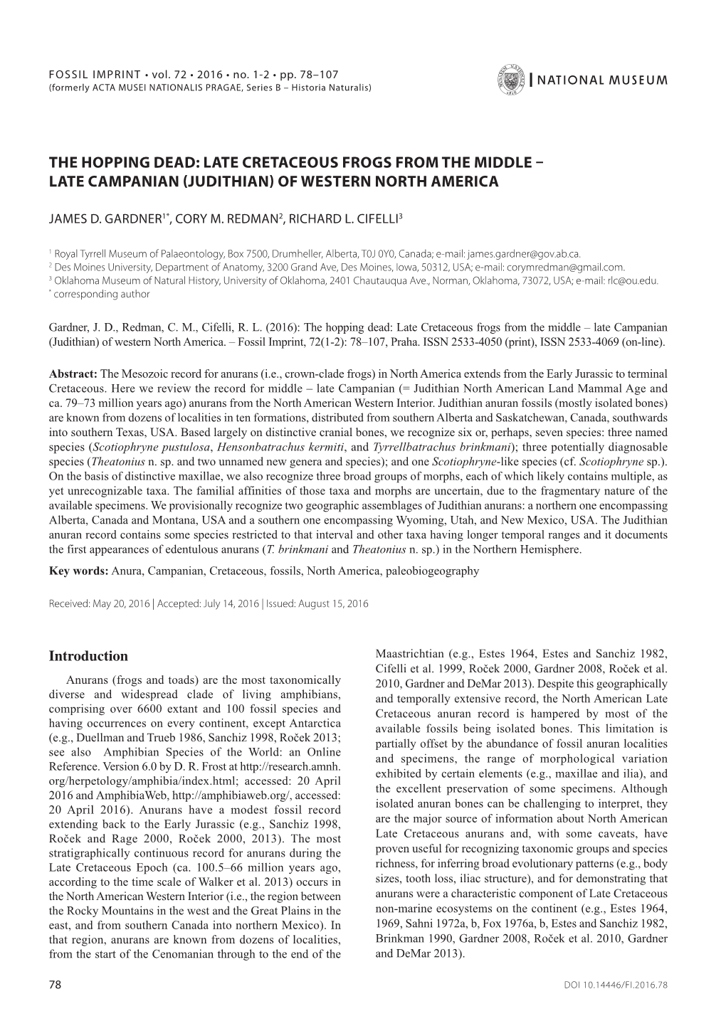 Late Cretaceous Frogs from the Middle – Late Campanian (Judithian) of Western North America