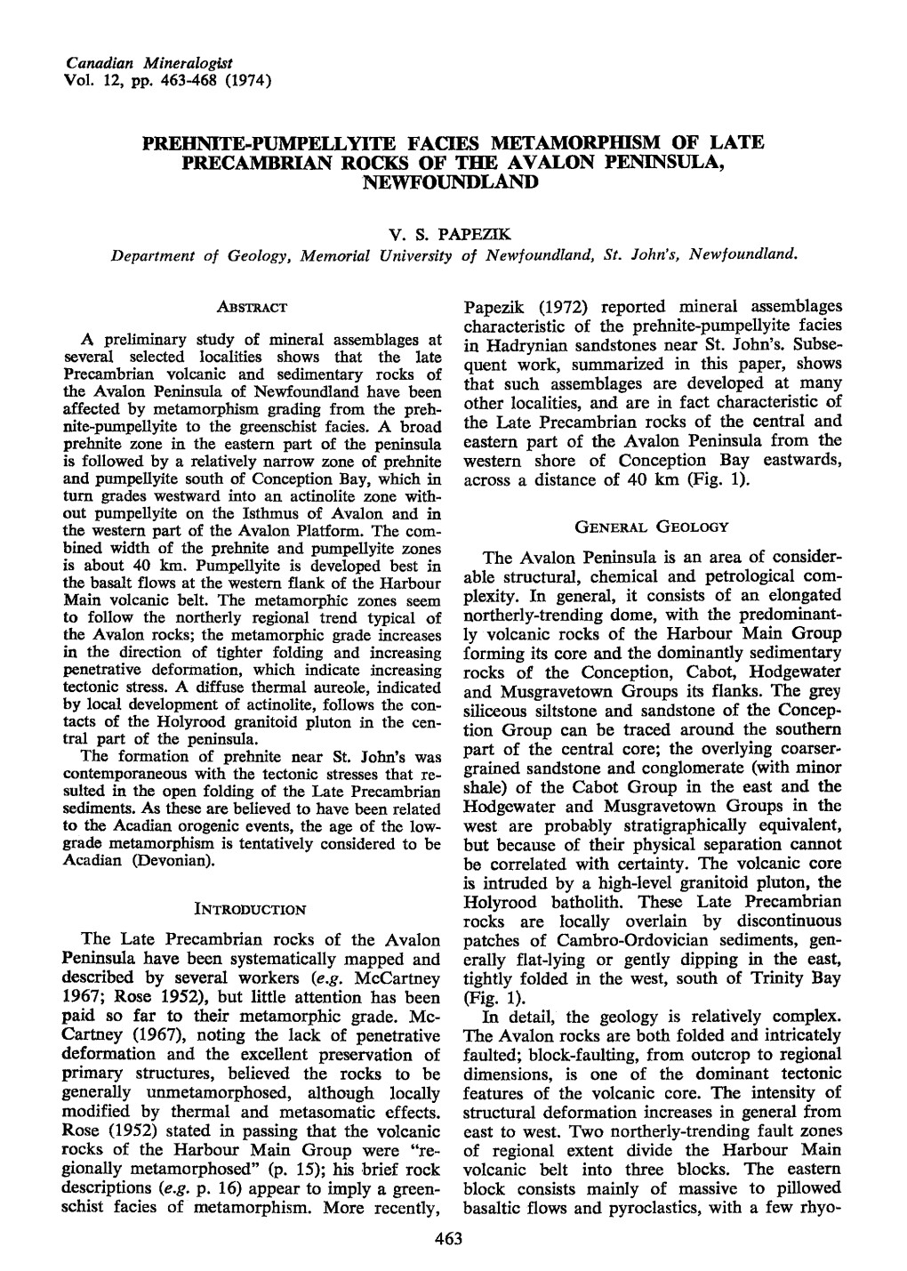 Prehi\Ite.Pt'mpellyite Facies Metamorphism of Late Prtcambrian Rocks of the Avalon Peninsula, Newfot]Ndland