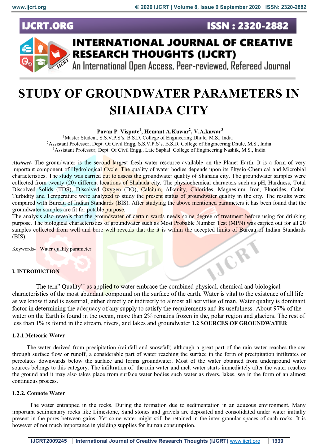 Study of Groundwater Parameters in Shahada City