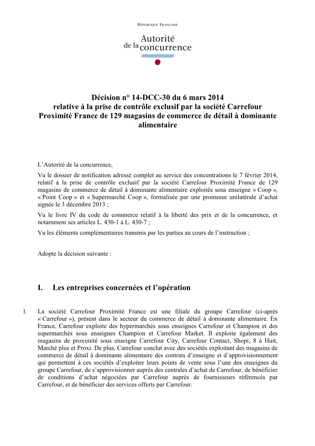 Décision N° 14-DCC-30 Du 6 Mars 2014 Relative À La Prise De Contrôle