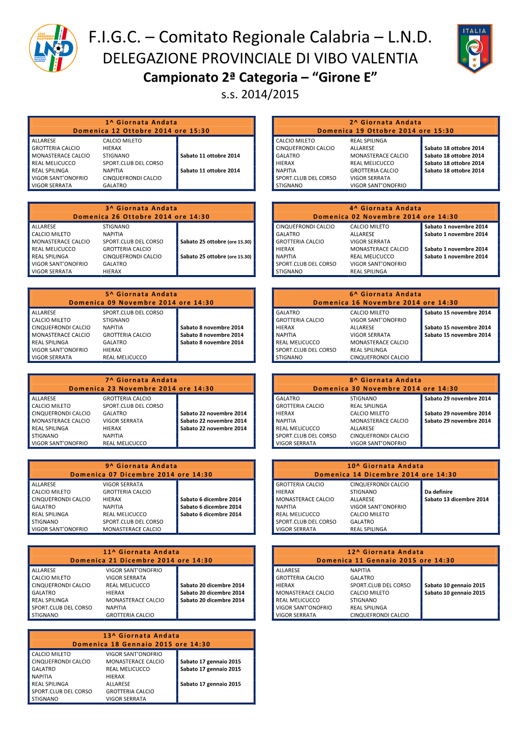 F.I.G.C. – Comitato Regionale Calabria – L.N.D. DELEGAZIONE PROVINCIALE DI VIBO VALENTIA Campionato 2ª Categoria – “Girone E” S.S