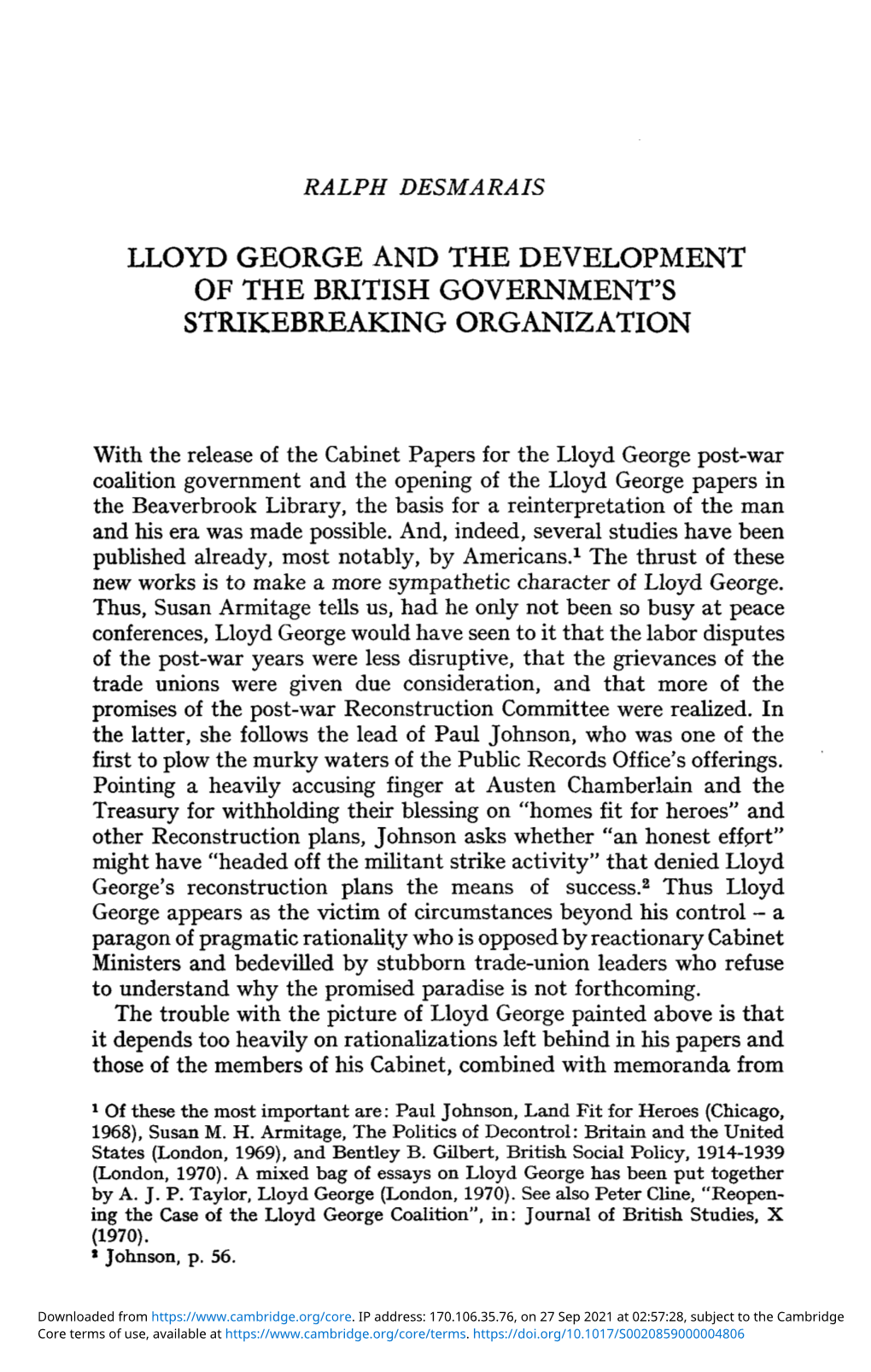 Lloyd George and the Development of the British Government's Strikebreaking Organization