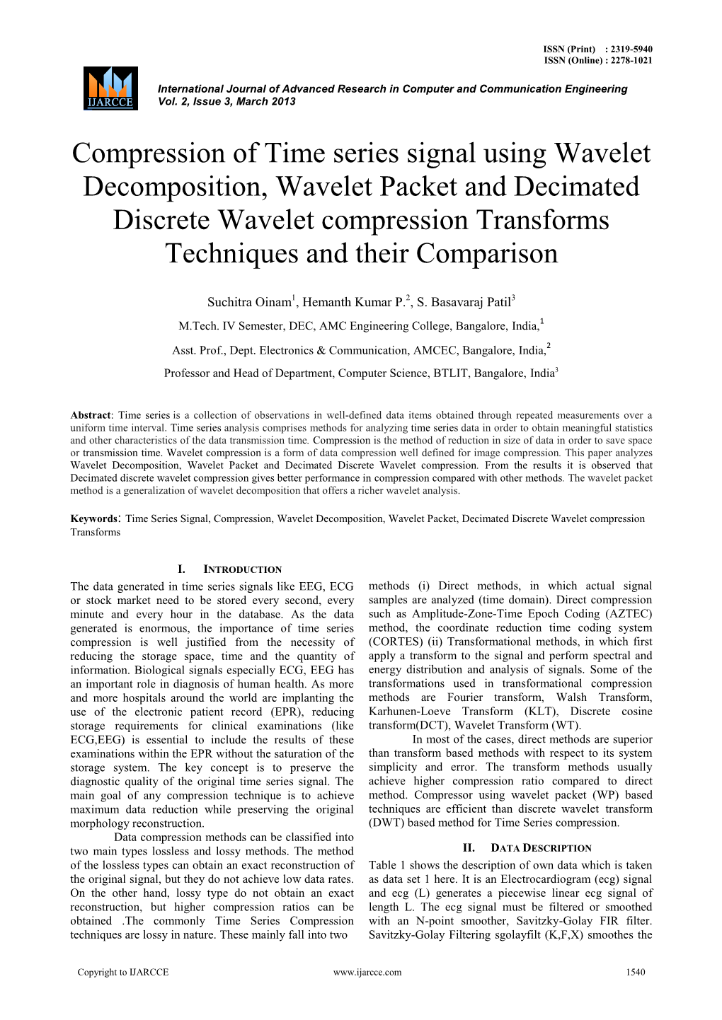 Compression of Time Series Signal Using Wavelet Decomposition, Wavelet Packet and Decimated Discrete Wavelet Compression Transforms Techniques and Their Comparison