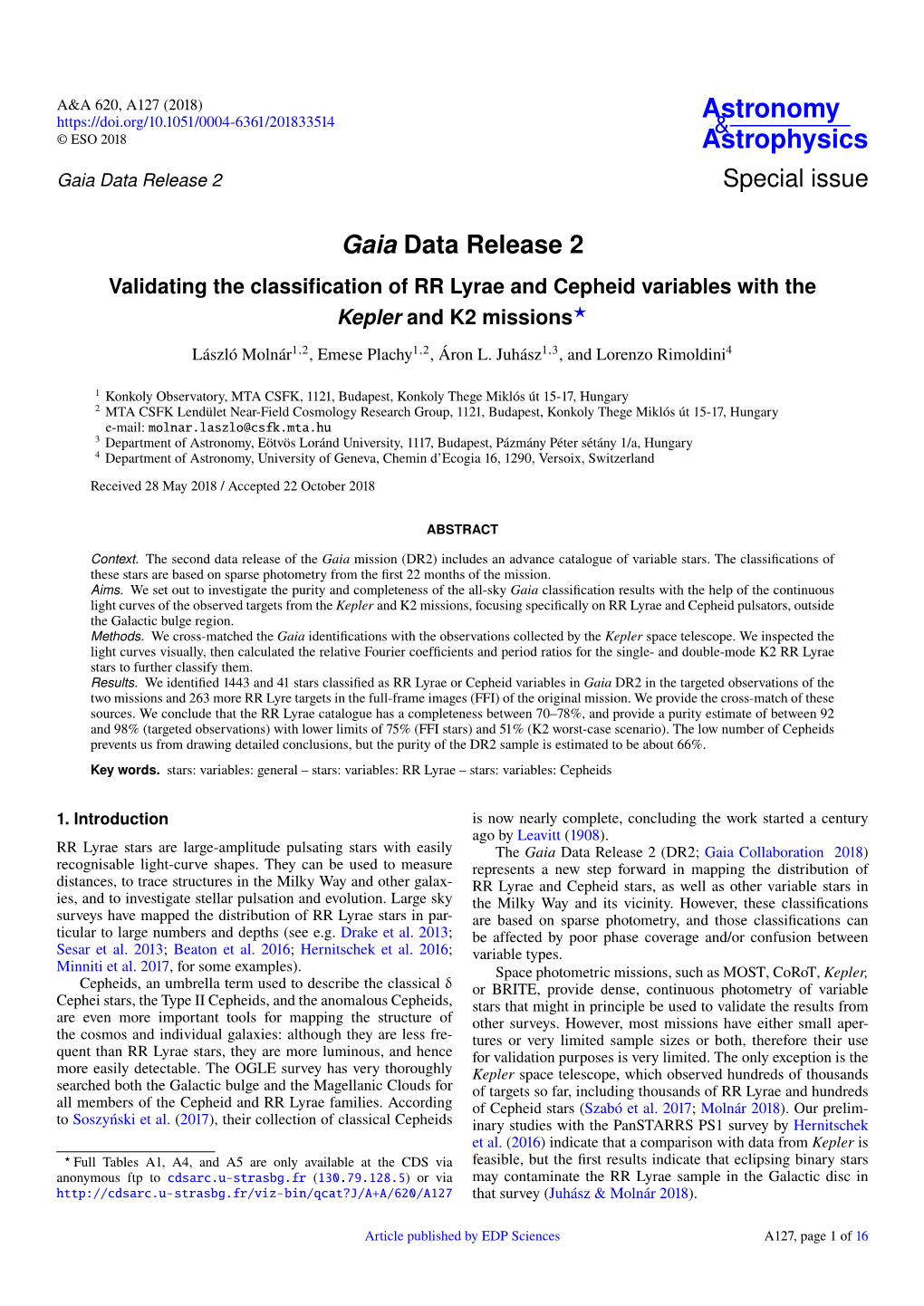 Gaia Data Release 2 Special Issue