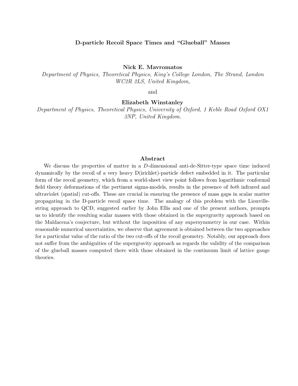 D-Particle Recoil Space Times and “Glueball” Masses Nick E