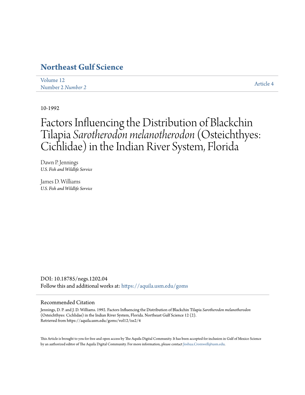 Factors Influencing the Distribution of Blackchin Tilapia Sarotherodon Melanotherodon (Osteichthyes: Cichlidae) in the Indian River System, Florida Dawn P