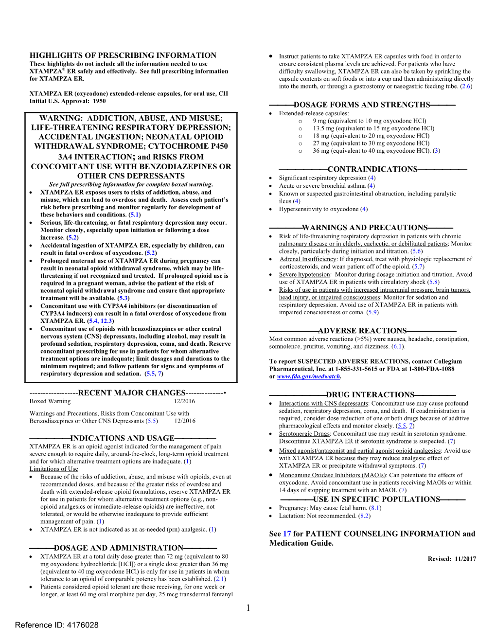 XTAMPZA ER (Oxycodone) Extended-Release Capsules, for Oral Use, CII Initial U.S