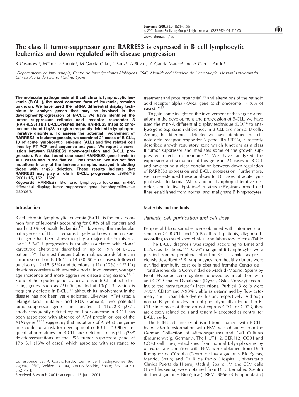 The Class II Tumor-Suppressor Gene RARRES3 Is Expressed in B Cell