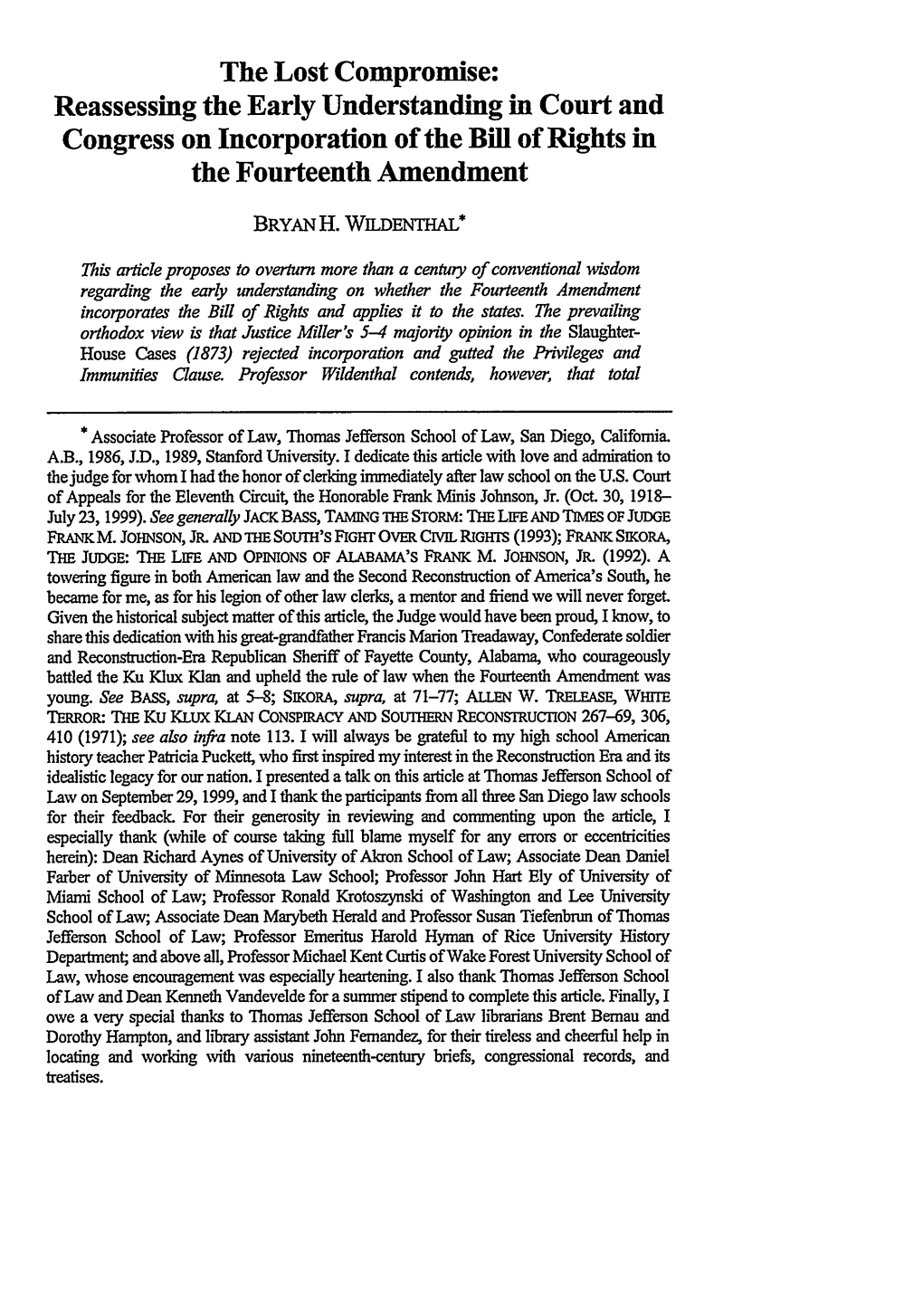 Lost Compromise: Reassessing the Early Understanding in Court and Congress on Incorporation of the Bill of Rights in the Fourteenth Amendment