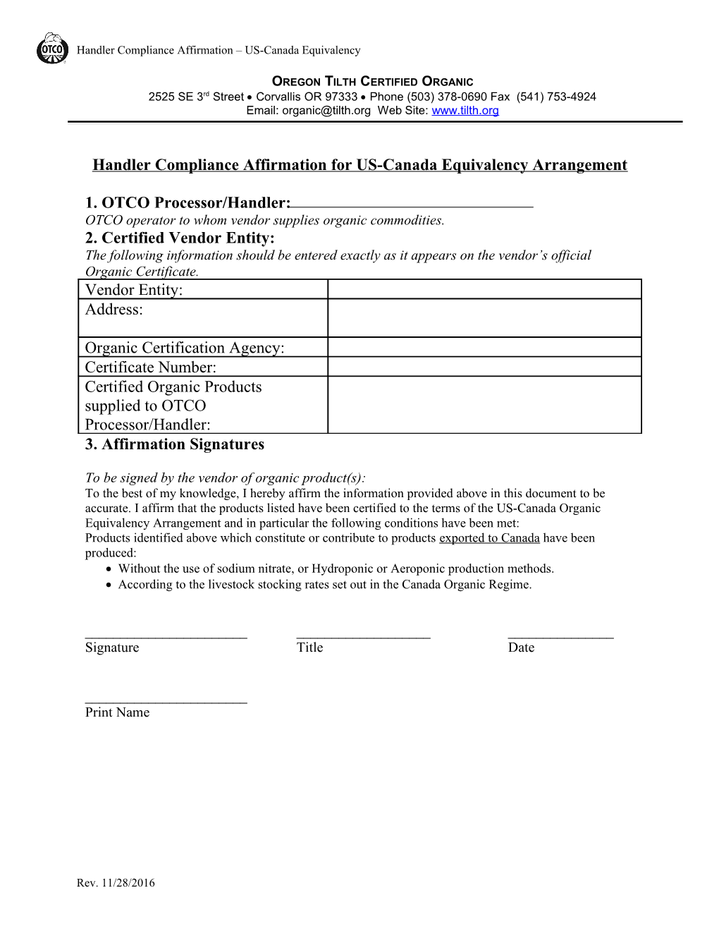 Handler Compliance Affirmation US-Canada Equivalency