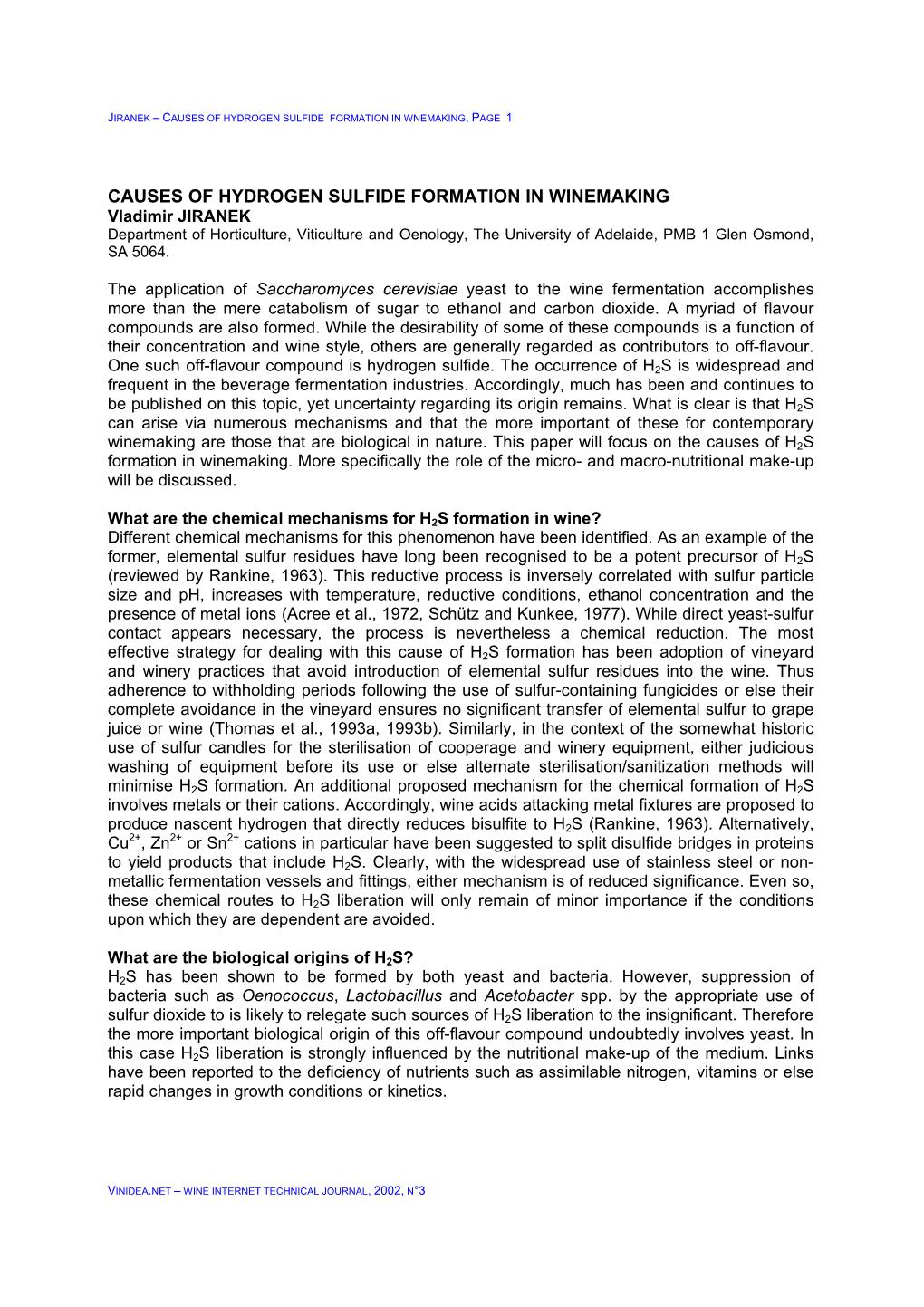 Causes of Hydrogen Sulfide Formation in Winemaking