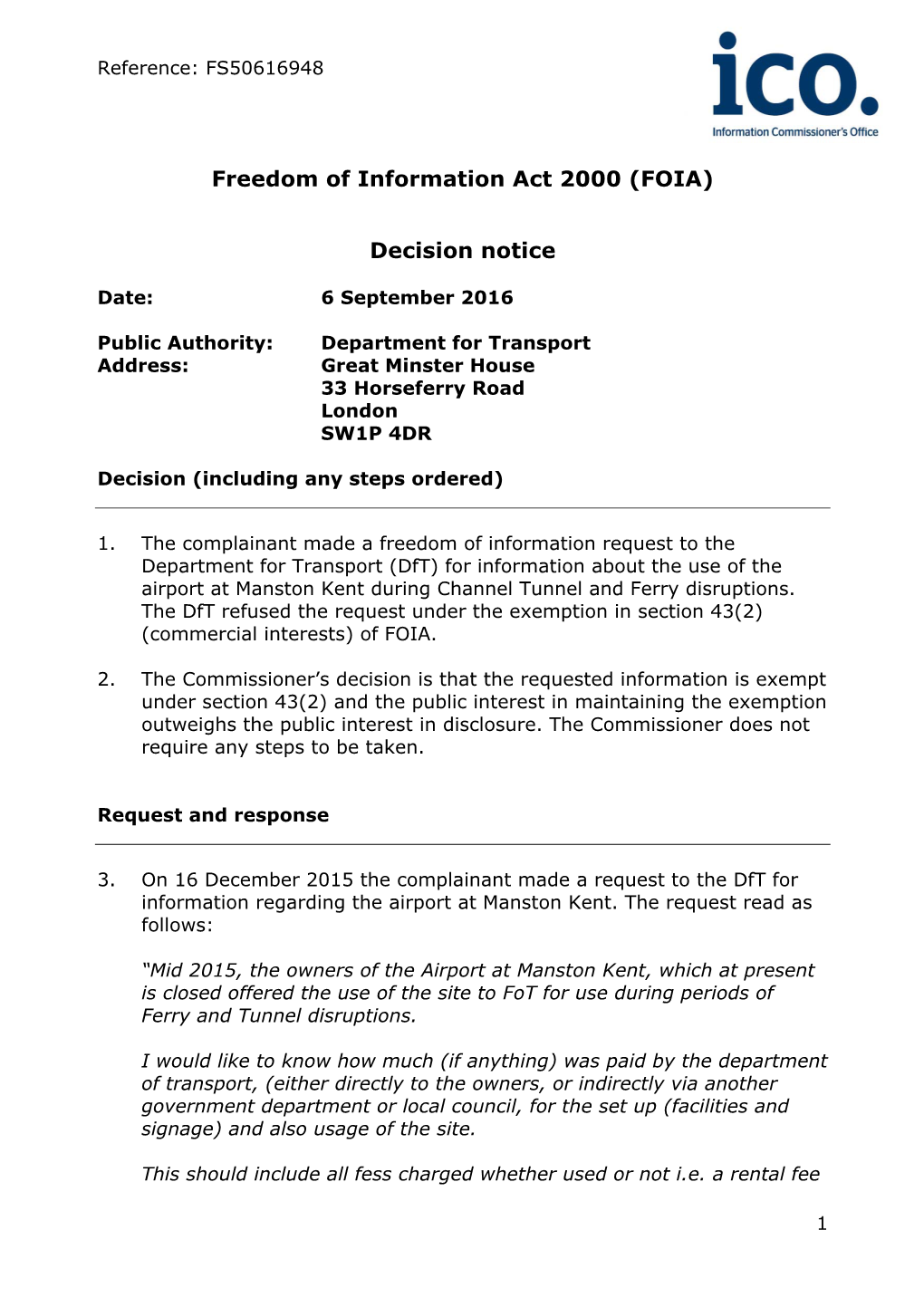 Freedom of Information Act 2000 (FOIA) Decision Notice