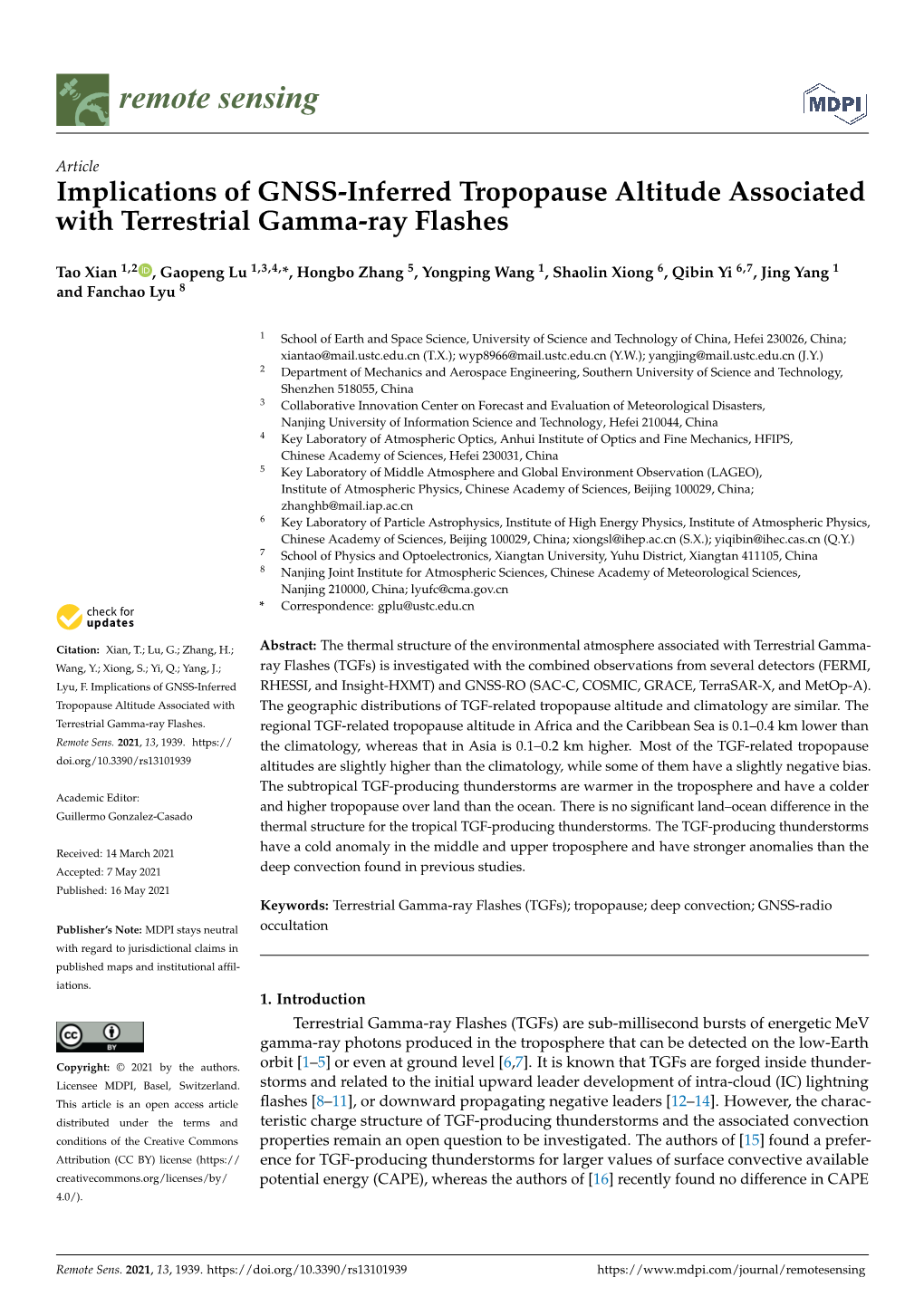 Implications of GNSS-Inferred Tropopause Altitude Associated with Terrestrial Gamma-Ray Flashes