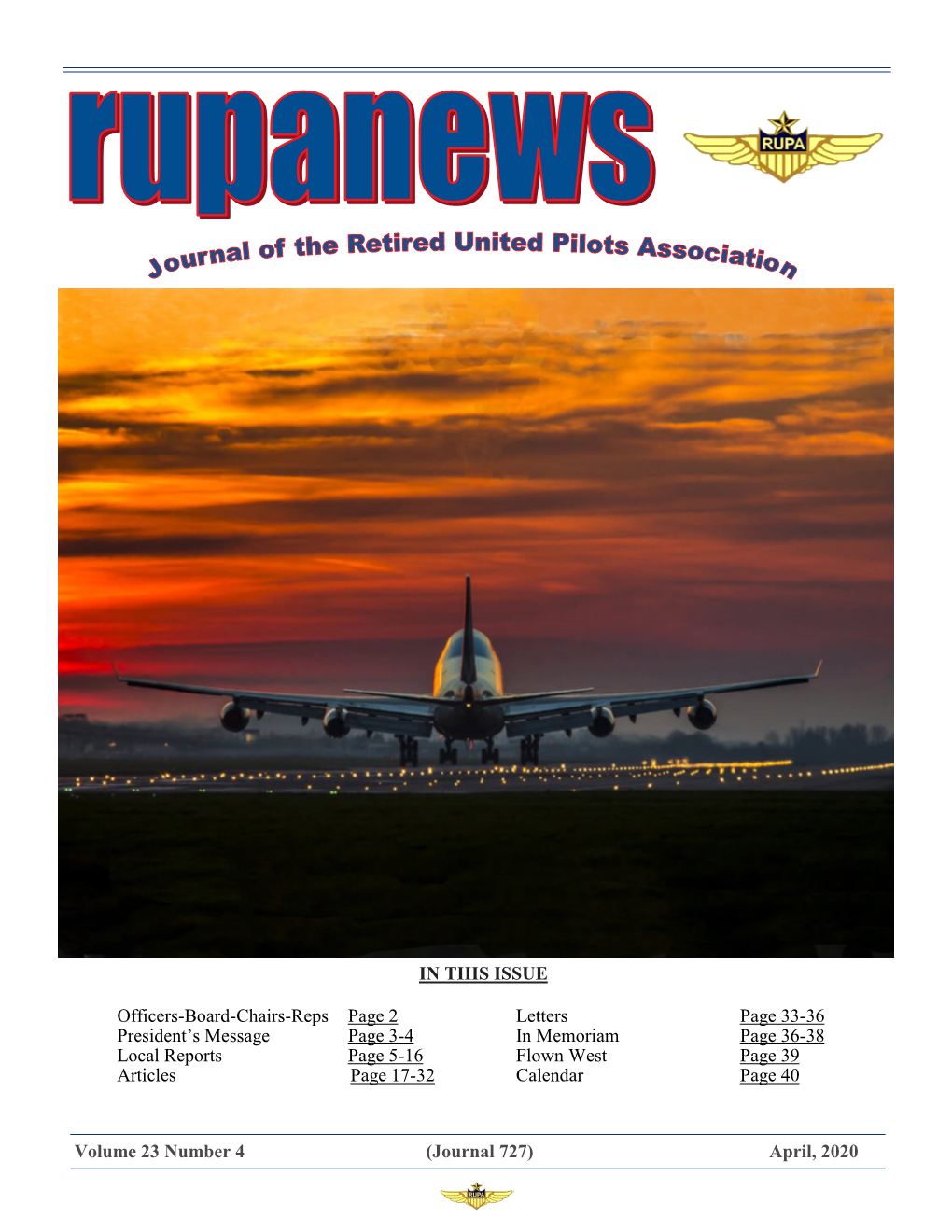 (Journal 727) April, 2020 in THIS ISSUE Officers-Board-Chairs-Reps