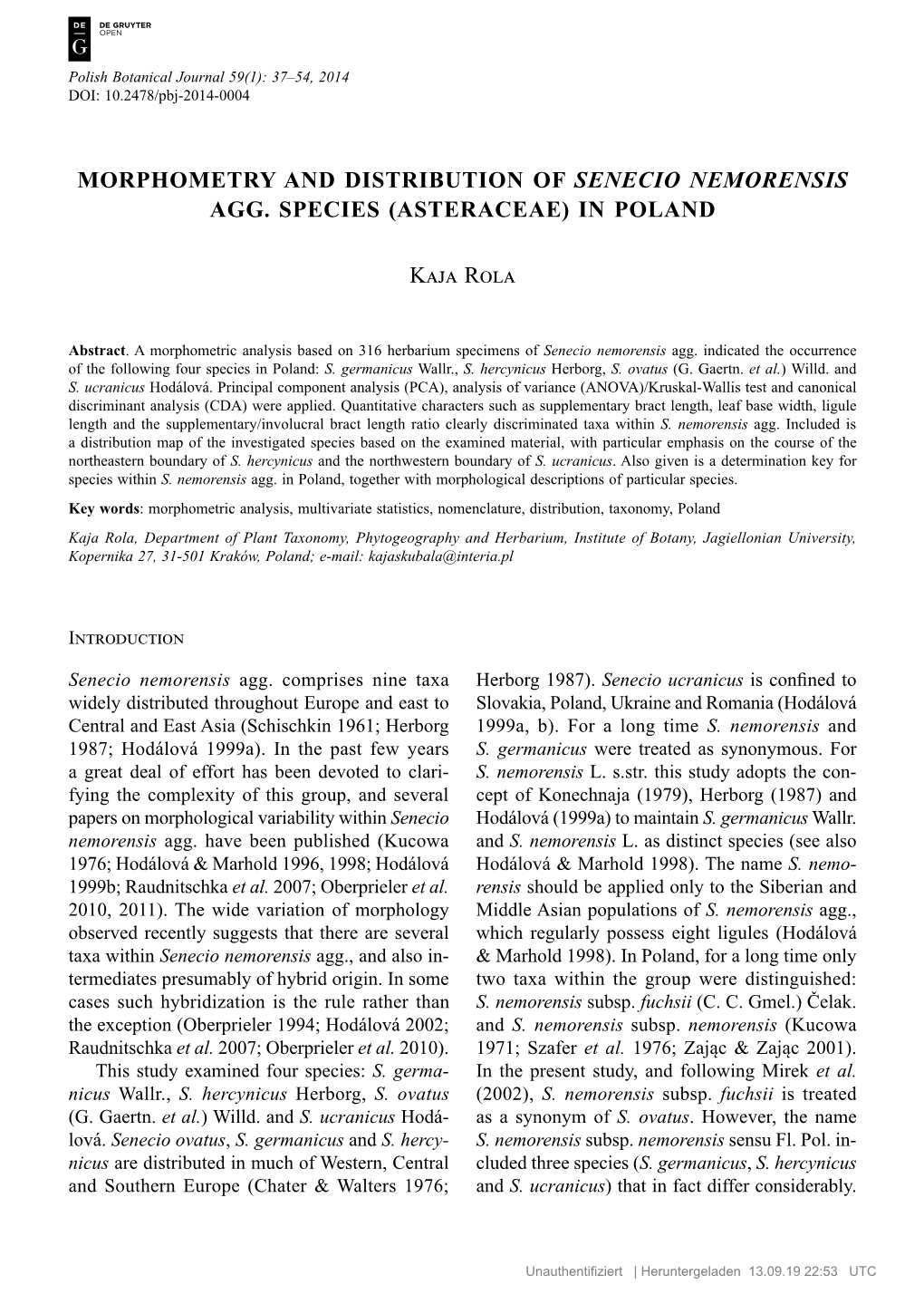 Morphometry and Distribution of Senecio Nemorensis Agg