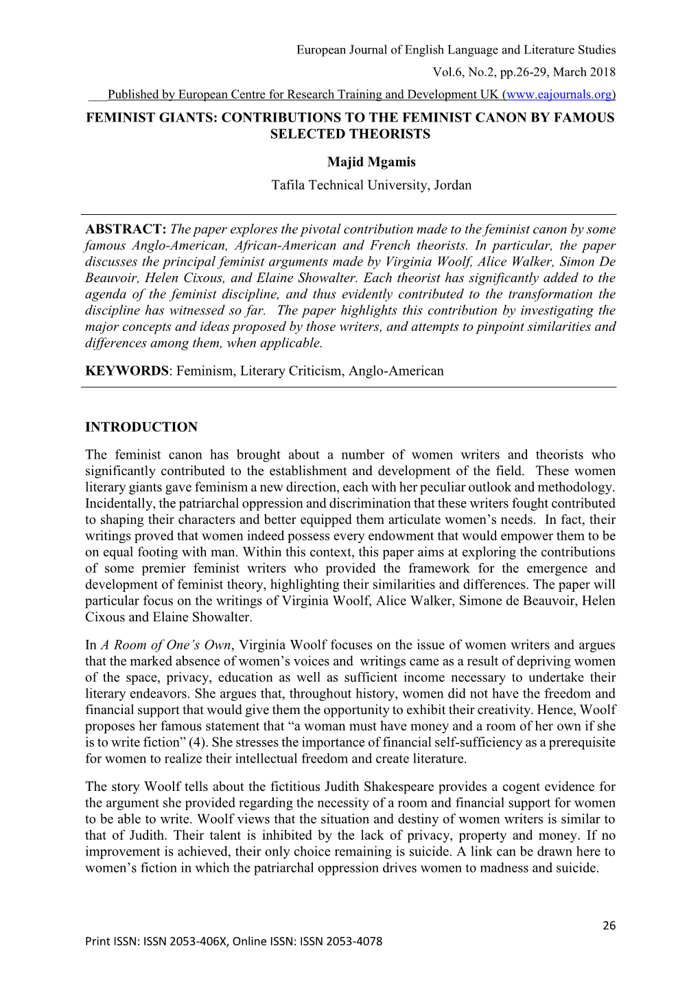 FEMINIST GIANTS: CONTRIBUTIONS to the FEMINIST CANON by FAMOUS SELECTED THEORISTS Majid Mgamis Tafila Technical University, Jordan