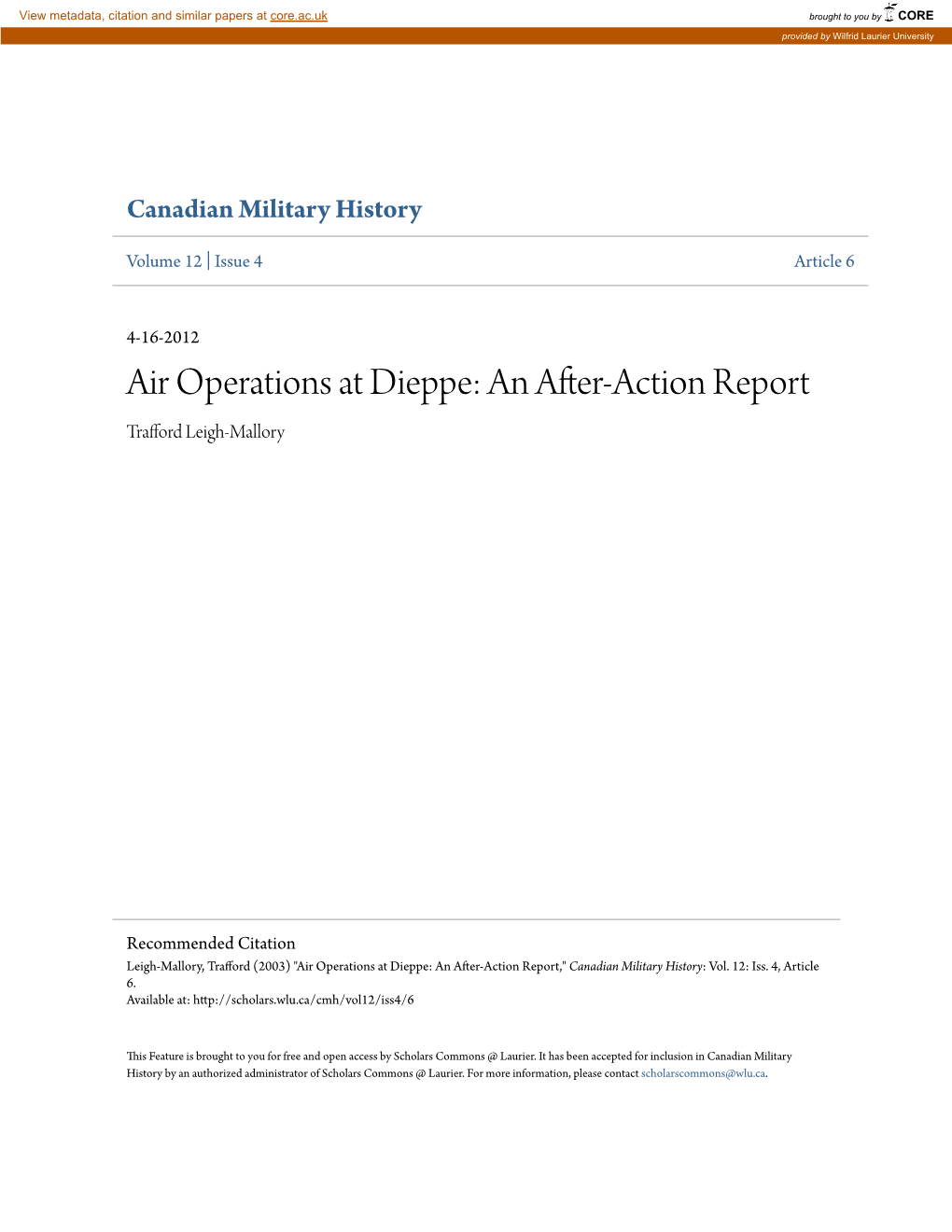 Air Operations at Dieppe: an After-Action Report Trafford Leigh-Mallory