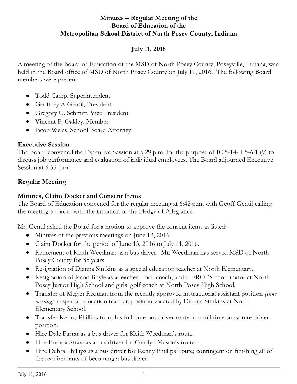 Minutes – Regular Meeting of the Board of Education of the Metropolitan School District of North Posey County, Indiana