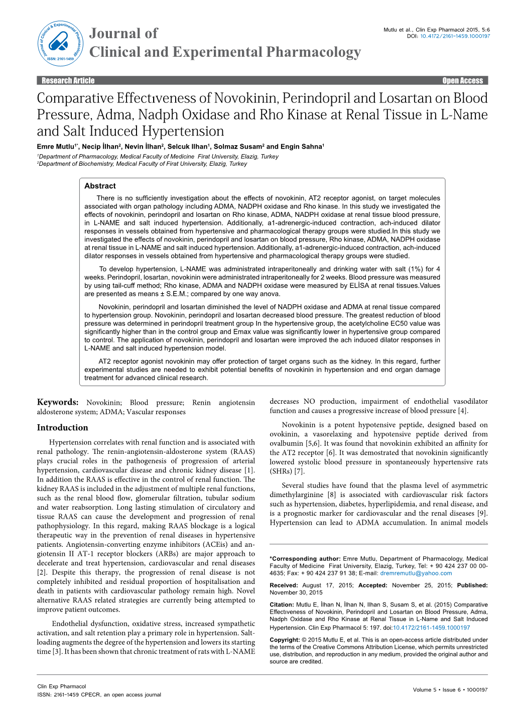 Comparative Effectıveness of Novokinin, Perindopril And