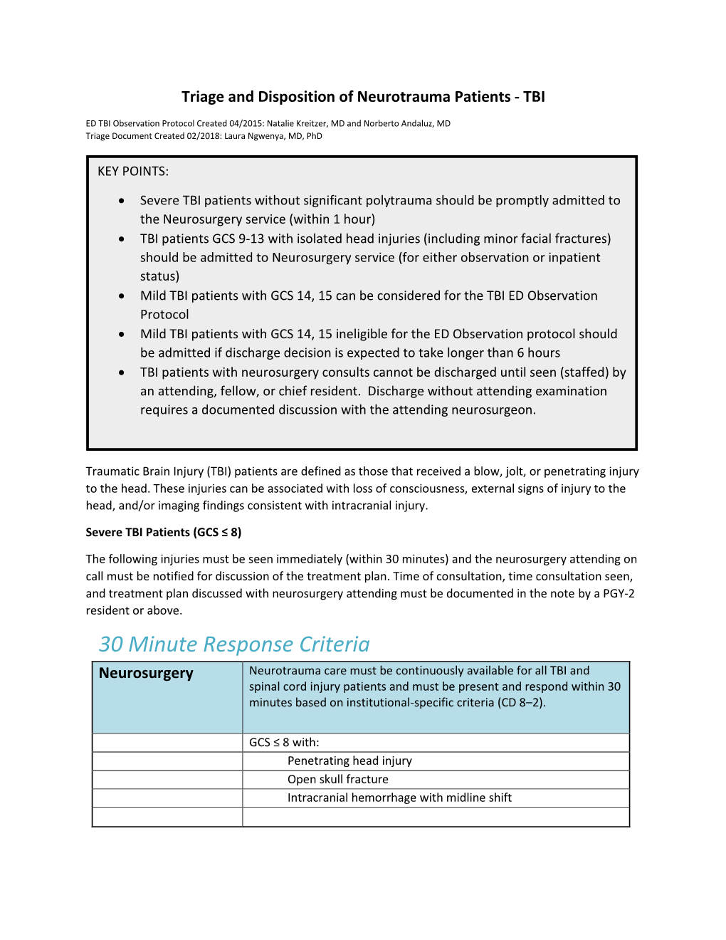 30 Minute Response Criteria