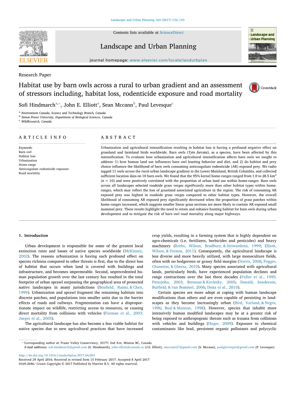 Habitat Use by Barn Owls Across a Rural to Urban Gradient and An