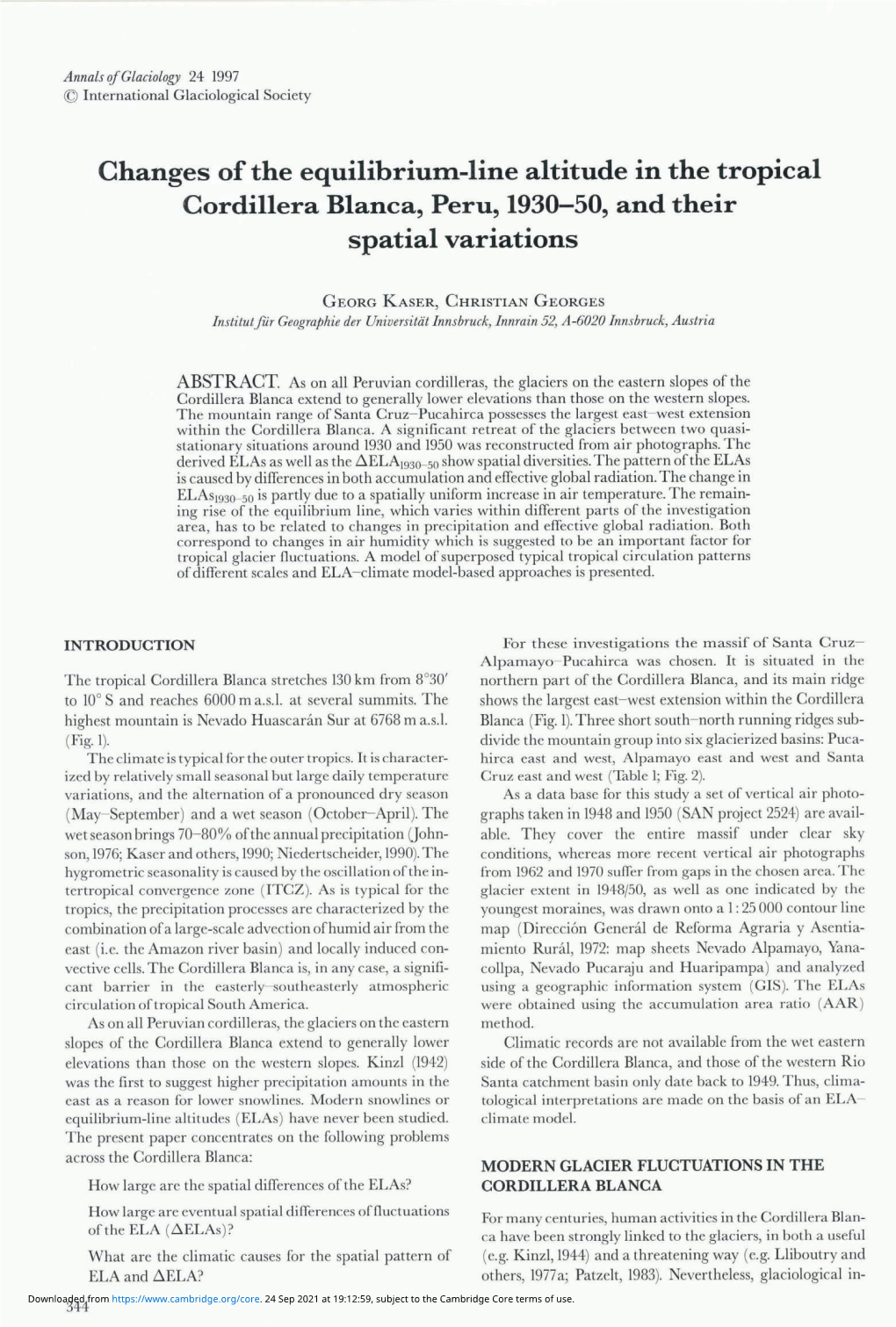 Changes of the Equilibrium.-Line Altitude in the Tropical Cordillera Blanca, Peru, 1930-50, and Their Spatial Variations