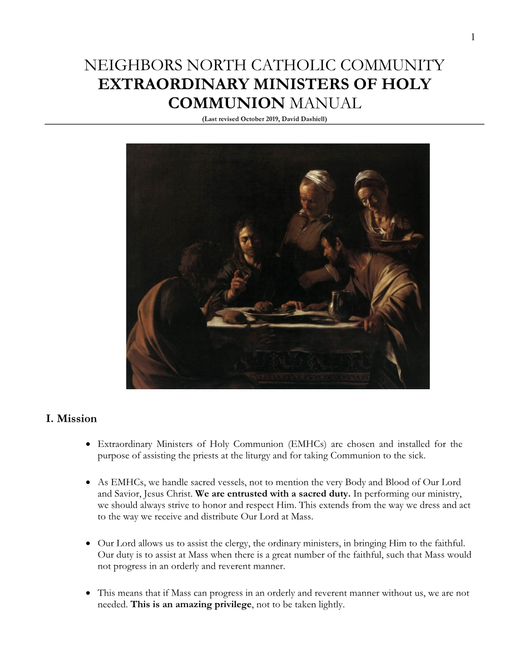 EXTRAORDINARY MINISTERS of HOLY COMMUNION MANUAL (Last Revised October 2019, David Dashiell)