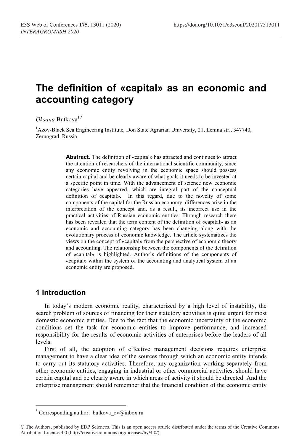 The Definition of «Capital» As an Economic and Accounting Category