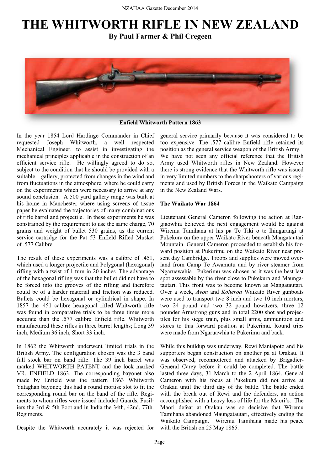 THE WHITWORTH RIFLE in NEW ZEALAND by Paul Farmer & Phil Cregeen